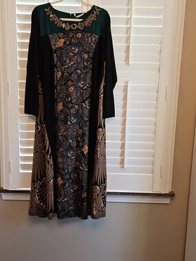 Soft Surroundings Black Maxi Dress with Green Yoke and Floral Panel Petite Large
